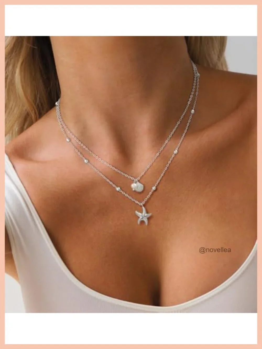 Dainty Layered Starfish Seashell Pearl Necklace 14K Gold Plated Women Summer